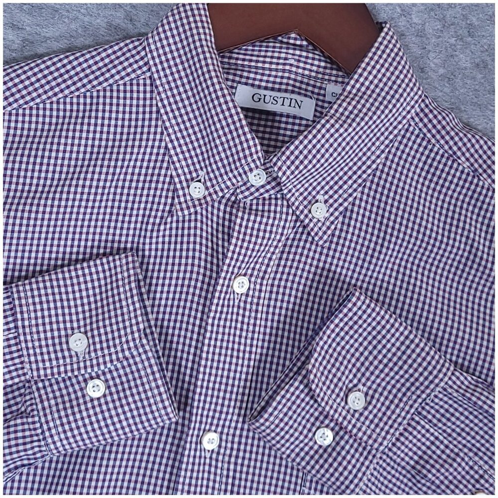 Gustin Mens Purple Blue Micro Gingham Long Sleeve Cotton USA Made Shirt Large